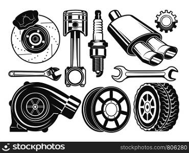 Monochrome pictures of engine, turbocharger cylinder and other automobile tools. Automobile engine, parts of machine. Vector illustration. Monochrome pictures of engine, turbocharger cylinder and other automobile tools