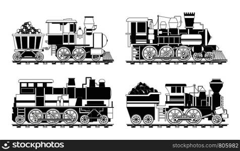 Monochrome pictures of vintage trains. Train transportation railway, monochrome transport on railroad. Vector illustration. Monochrome pictures of vintage trains