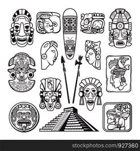 Monochrome pictures set of mayan culture symbols. Tribal masks and totems. Vector aztec tribal mythology, souvenir ancient illustration. Monochrome pictures set of mayan culture symbols. Tribal masks and totems