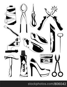 Monochrome pictures set of shoes repair tools. Vector shoemaker tools scissors and bradawl, thread and vise illustration. Monochrome pictures set of shoes repair tools