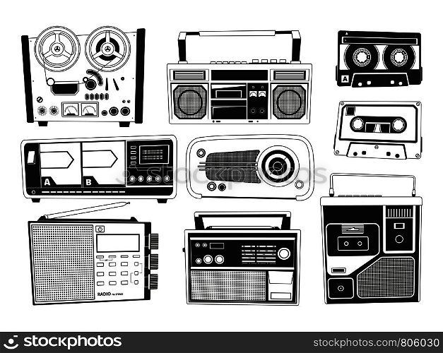 Monochrome pictures set of various vintage audio recorders. Vector retro recorder stereo, electronic portable obsolete, play tape audio illustration. Monochrome pictures set of various vintage audio recorders