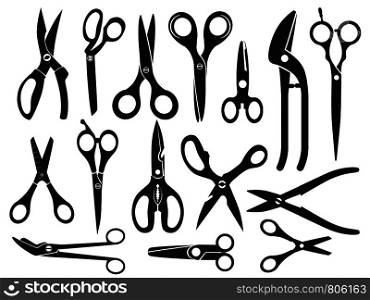 Monochrome pictures with different type of scissors for hairdressing, vector professional tool collection illustration. Monochrome pictures with different type of scissors