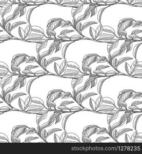 Monochrome retro leaf seamless background. Tropical wallpaper. Hand drawn artistic background. Organic texture. Design for wrapping paper, textile print. Vector illustration. Monochrome retro leaf seamless background. Tropical wallpaper.