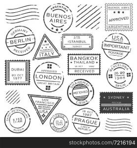 Monochrome retro postage stamps set of various shapes from different countries isolated vector illustration. Monochrome Retro Postage Stamps Set