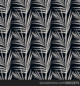 Monochrome seamless dark pattern with fern leaves ornament. Stylized tropical branches silhouettes simple artwork. Great for fabric design, textile print, wrapping, cover. Vector illustration.. Monochrome seamless dark pattern with fern leaves ornament. Stylized tropical branches silhouettes simple artwork.