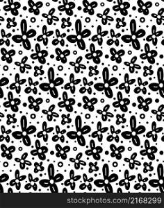 Monochrome seamless floral pattern with black small flowers and dots on a white background. Natural ditsy wallpaper. Vector texture with silhouette of buttercup anemone for fabrics and wrapping paper. Monochrome seamless floral pattern with black small flowers and dots on a white background. Natural ditsy wallpaper.