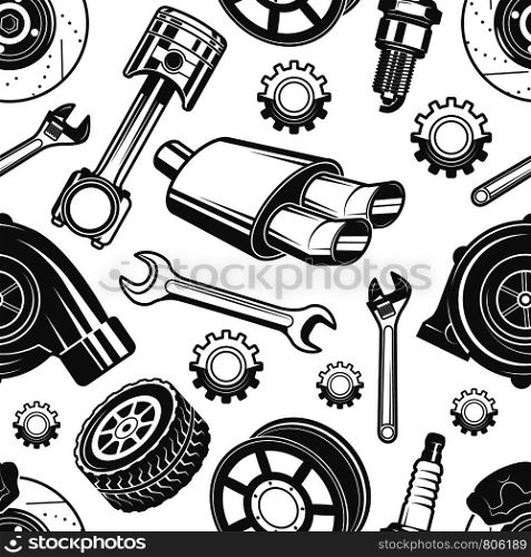 Monochrome seamless pattern with automobile tools and details. Parts for repair car pattern, detail brake and spark, vector illustration. Monochrome seamless pattern with automobile tools and details