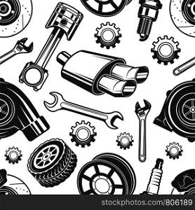 Monochrome seamless pattern with automobile tools and details. Parts for repair car pattern, detail brake and spark, vector illustration. Monochrome seamless pattern with automobile tools and details