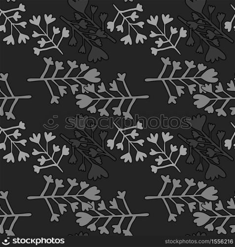 Monochrome seamless pattern with branches silhouettes. Simple backdrop with random grey botanic elements on black background. Perfect for wallpaper, wrapping paper, textile print, fabric. Vector. Monochrome seamless pattern with branches silhouettes. Simple backdrop with random grey botanic elements on black background.