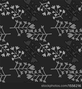 Monochrome seamless pattern with branches silhouettes. Simple backdrop with random grey botanic elements on black background. Perfect for wallpaper, wrapping paper, textile print, fabric. Vector. Monochrome seamless pattern with branches silhouettes. Simple backdrop with random grey botanic elements on black background.