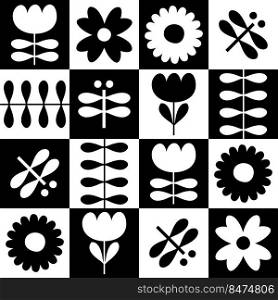 Monochrome seamless pattern with tulip flowers and dragonflies. Geometric checkered print for T-shirt, poster, textile and fabric. Floral vector background for decor and design.