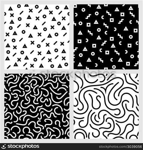 Monochrome seamless patterns vector set with abstract geometric shapes and strokes repetitive backgrounds. Monochrome seamless patterns vector set with abstract geometric shapes and strokes repetitive backgrounds. Triangle and square, circle and cross illustration