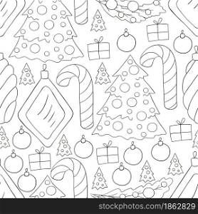 Monochrome seamless vector pattern with candy cane, Christmas tree decorations. Can be used for fabric, packaging, wrapping paper and etc. Seamless vector pattern. Christmas tree decorations. Pattern in hand draw style