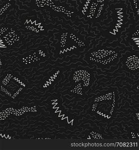 Monochrome seamless vector pattern with hand drawn doodles geometric on black background. Retro looks graphic template background