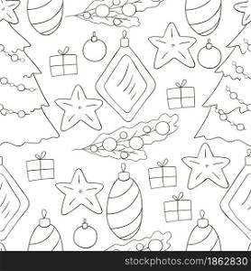 Monochrome Seamless vector pattern with stars, Christmas tree decorations. Can be used for fabric, packaging, wrapping paper, textile and etc. Seamless vector pattern. Christmas tree decorations. Pattern in hand draw style