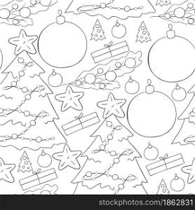 Monochrome Seamless vector pattern with stars, Christmas tree decorations. Pattern in hand draw style. Can be used for fabric, wrapping and etc. Seamless vector pattern. Christmas tree decorations. Pattern in hand draw style
