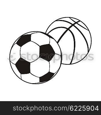 Monochrome set ball for football and basketball. Black white sports balls for playing football and basketball, combination equipment for teamwork isolated on white background. Vector illustration