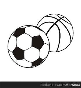 Monochrome set ball for football and basketball. Black white sports balls for playing football and basketball, combination equipment for teamwork isolated on white background. Vector illustration