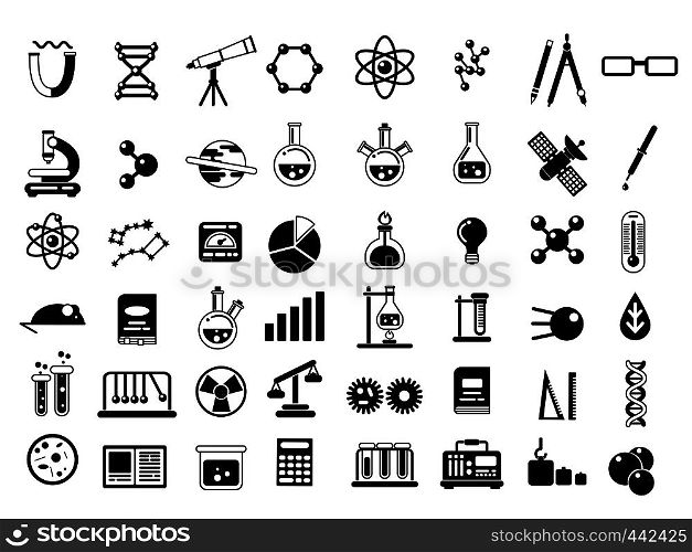 Monochrome set of different chemical symbols and others science icons in flat style. Chemical science laboratory elements. Vector illustration. Monochrome set of different chemical symbols and others science icons in flat style