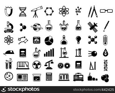 Monochrome set of different chemical symbols and others science icons in flat style. Chemical science laboratory elements. Vector illustration. Monochrome set of different chemical symbols and others science icons in flat style
