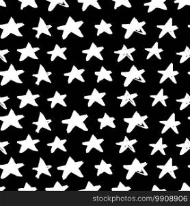 Monochrome star doodle silhouettes seamless pattern. White geometric forms on black background. Designed for wallpaper, textile, wrapping paper, fabric print. Vector illustration.. Monochrome star doodle silhouettes seamless pattern. White geometric forms on black background.