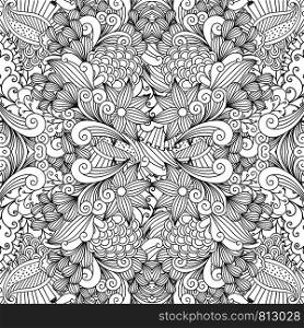 Monochrome summer creative sketching fabric pattern with floral elements. Monochrome summer sketching fabric pattern