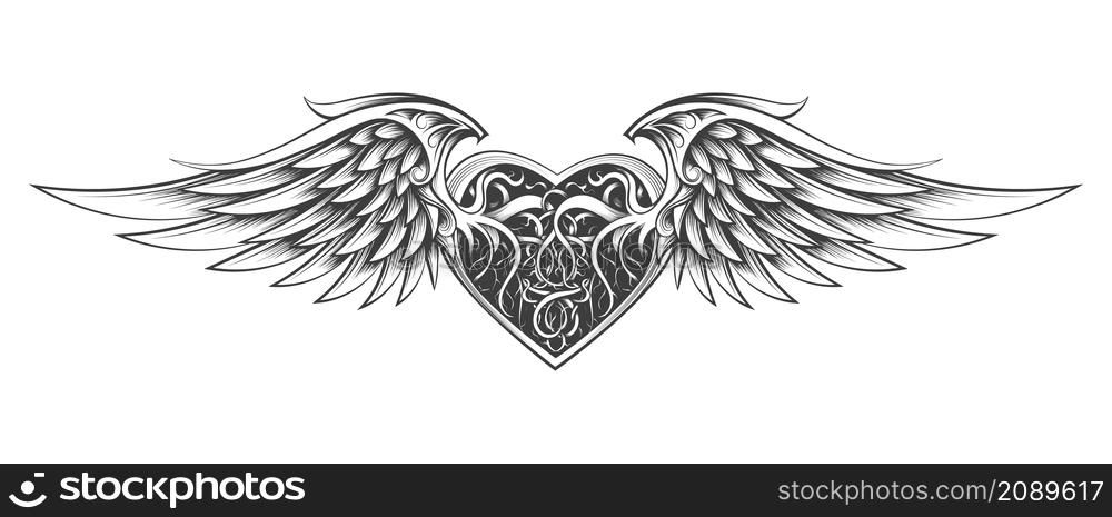 Monochrome Tattoo of Winged Heart Drawn in engraving style isolated on white. Vector illustration.. Heart with Wings Engraving Tattoo isolated on white