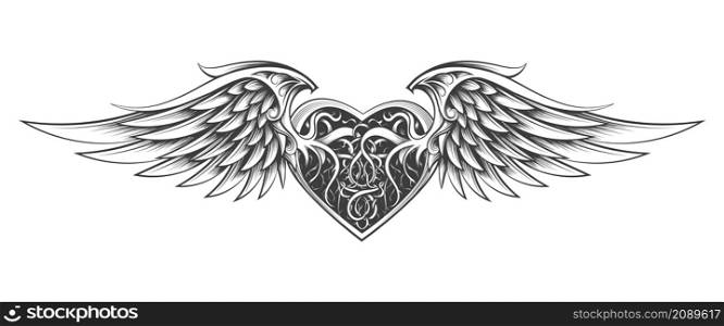 Monochrome Tattoo of Winged Heart Drawn in engraving style isolated on white. Vector illustration.. Heart with Wings Engraving Tattoo isolated on white