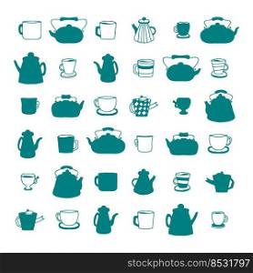 Monochrome teapot, cups and mugs silhouette collection. Perfect for kitchen towel, dishcloth, stationery, poster and print. Doodle vector illustration isolated on white background.