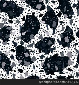 Monochrome terrazzo seamless pattern. Rock backdrop textured. Marble wallpaper on white background. Natural stone, granite, quartz shapes. Vector illustration. Monochrome terrazzo seamless pattern. Rock backdrop textured.