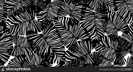 Monochrome tropical palm leaves seamless pattern. Black and white exotic botanical texture. Vector floral background. Jungle leaf seamless wallpaper. Design for fabric, textile print, wrapping, cover. Monochrome tropical palm leaves seamless pattern. Black and white exotic botanical texture.