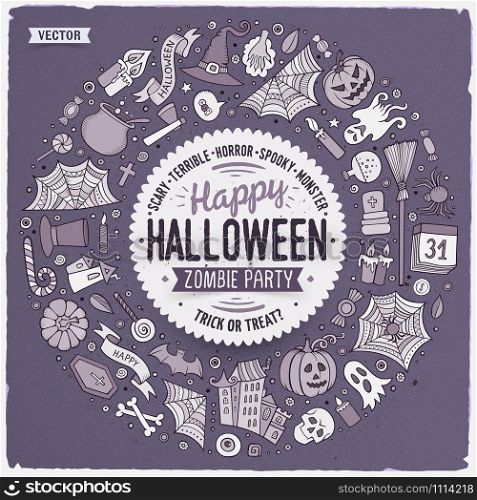 Monochrome vector hand drawn set of Halloween cartoon doodle objects, symbols and items. Round frame composition. Round frame Halloween cartoon objects, symbols and items