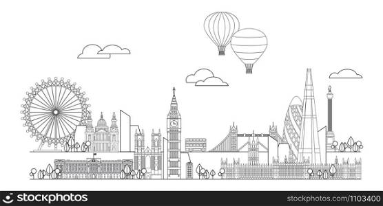Monochrome vector line art illustration of landmarks of London, England. London city skyline panoramic vector illustration isolated on white background. London vector icon. London building outline.