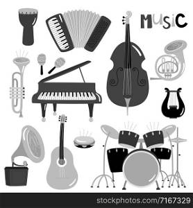 Monochrome vector music instruments of collection isolated. Musical piano and trumpet, guitar and drum illustration. Monochrome vector music instruments of collection isolated