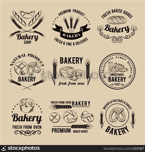 Monochrome vector set of bakery shop logos or labels. Bakery premium stamp label illustration. Monochrome vector set of bakery shop logos or labels