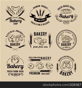 Monochrome vector set of bakery shop logos or labels. Bakery premium stamp label illustration. Monochrome vector set of bakery shop logos or labels