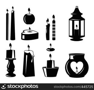 Monochrome vector symbols of candles for birthday party. Candle christmas and birthday, wax and wick silhouette illustration. Monochrome vector symbols of candles for birthday party