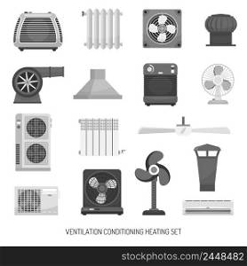 Monochrome ventilation conditioning and heating equipment set isolated on white background flat vector illustration. Ventilation Conditioning Heating Set