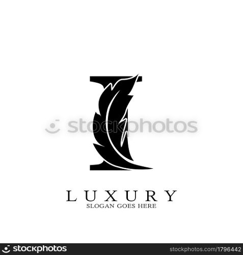 Monogram Initial Letter I Logo Luxury feather vector design for law business.