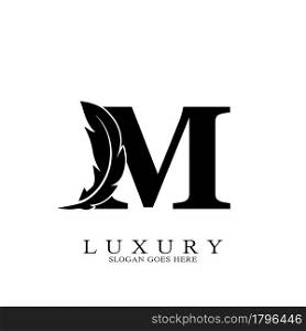 Monogram Initial Letter M Logo Luxury feather vector design for law business.