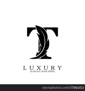 Monogram Initial Letter T Logo Luxury feather vector design for law business.