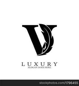 Monogram Initial Letter V Logo Luxury feather vector design for law business.