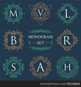 Monogram Logos Set Graphic Logo template flourishes elegant ornament lines. Business sign, identity for Restaurant, Royalty, Boutique, Hotel, Heraldic, Jewelry, Fashion, vector illustration
