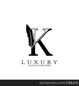 Monogram Luxury feather Initial Letter K Logo icon, vector design concept feather with alphabet letter for business corporate, lawyer, notary, firm and more brand