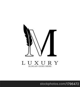 Monogram Luxury feather Initial Letter M Logo icon, vector design concept feather with alphabet letter for business corporate, lawyer, notary, firm and more brand
