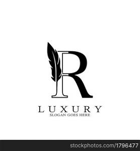 Monogram Luxury feather Initial Letter R Logo icon, vector design concept feather with alphabet letter for business corporate, lawyer, notary, firm and more brand