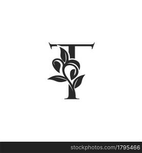 Monogram Nature Floral T Luxury Letter Logo Concept. Elegance black and white florist alphabet font vector design