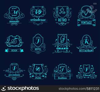Monograms shields design set on dark blue background flat isolated vector illustration . Monograms shields set