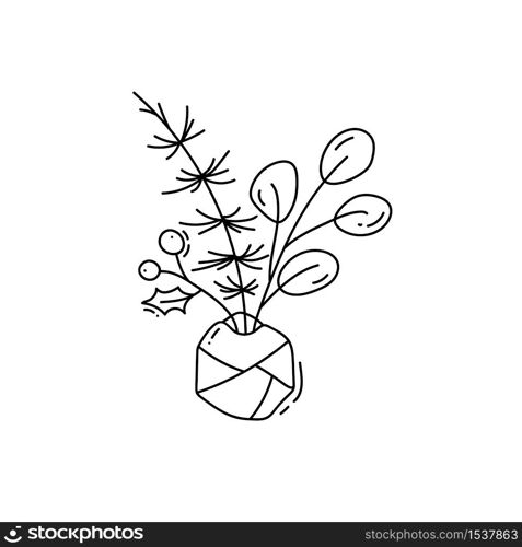 Monoline christmas flower and plant bouquet in bottles. Vector decor winter illustration. Design elements for greeting card, poster and web.. Monoline christmas flower and plant bouquet in bottles. Vector decor winter illustration. Design elements for greeting card, poster and web