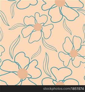 Monoline flowers pattern on sand background, vector illustration. Seamless background with delicate minimalistic flowers. Template for wallpaper, packaging, fabric and textile.. Monoline flowers pattern on sand background, vector illustration.